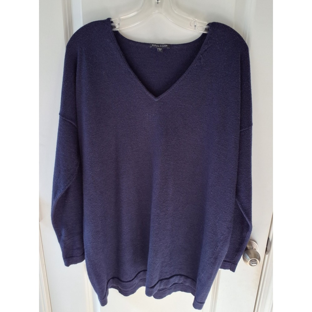 Eileen Fisher XL 100% Merino Wool Sweater Navy Blue V Neck Lightweight Knit